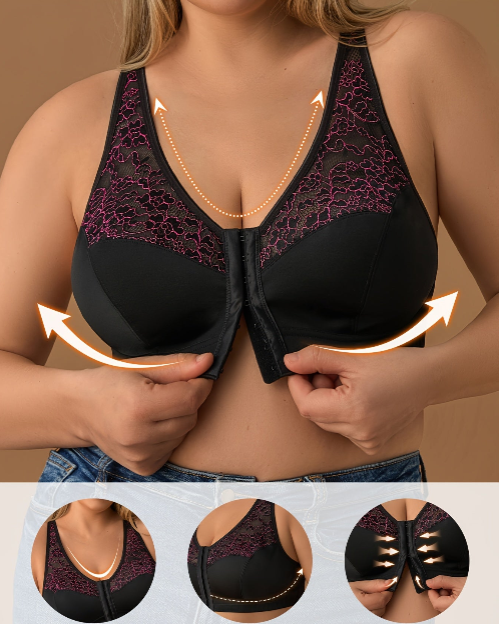Elegante kanten geborduurde bh met voorkluiting voor dames met plusmaat - Comfortabel, ademend, eenvoudig aan te trekken vest-stijl met draadloze ontwerp, medium stretch stof, niet verwijderbare vulling, plusmaat bh's en bralets